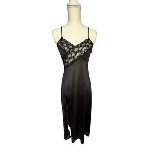 1970's Vintage Union Made Label Black Lace Nylon Slip Dress with Side Slit